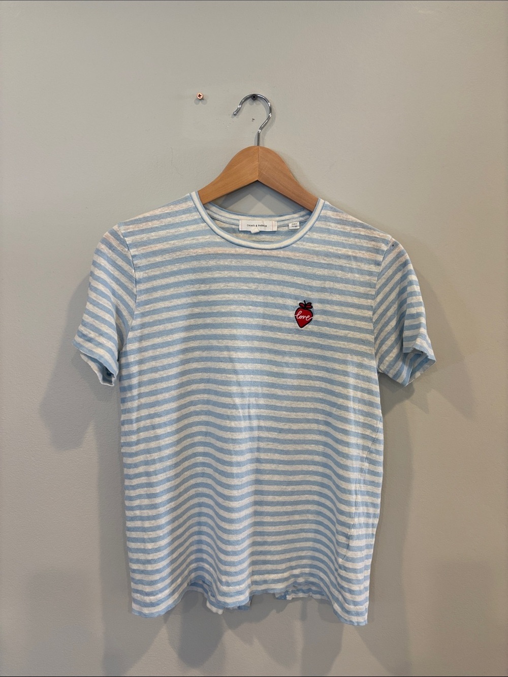 Chinti & Parker Light Blue and White Striped Crewneck Tee with Red Heart Patch